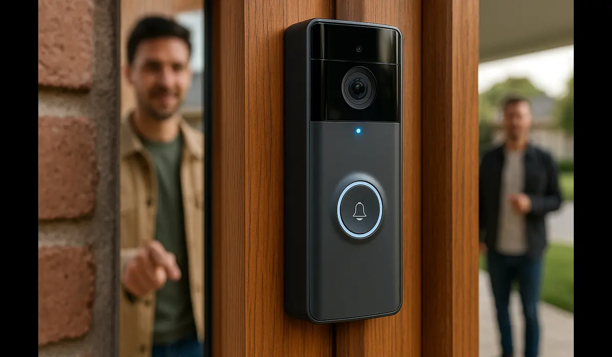 Smartphone controlling color-changing smart bulbs in a bedroom.