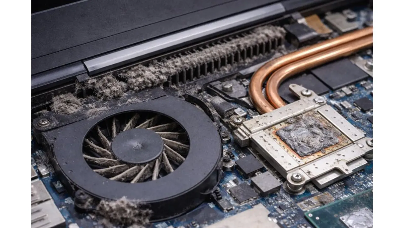 A laptop cooling fan and vents clogged with dust, showing how airflow blockage can trap heat and cause overheating.