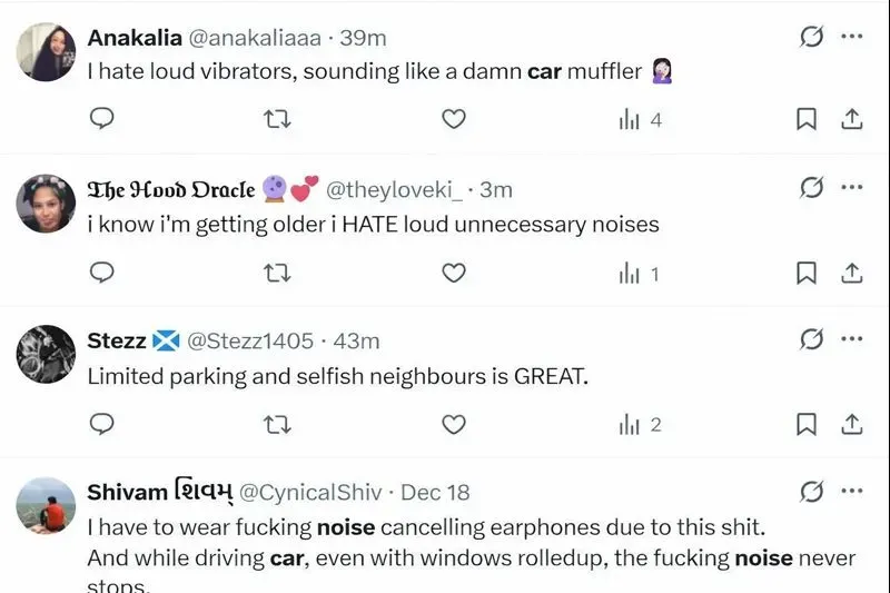 A screenshot of social media posts where users complain about loud car noise, vibrations, and unnecessary sounds affecting daily life and driving comfort.