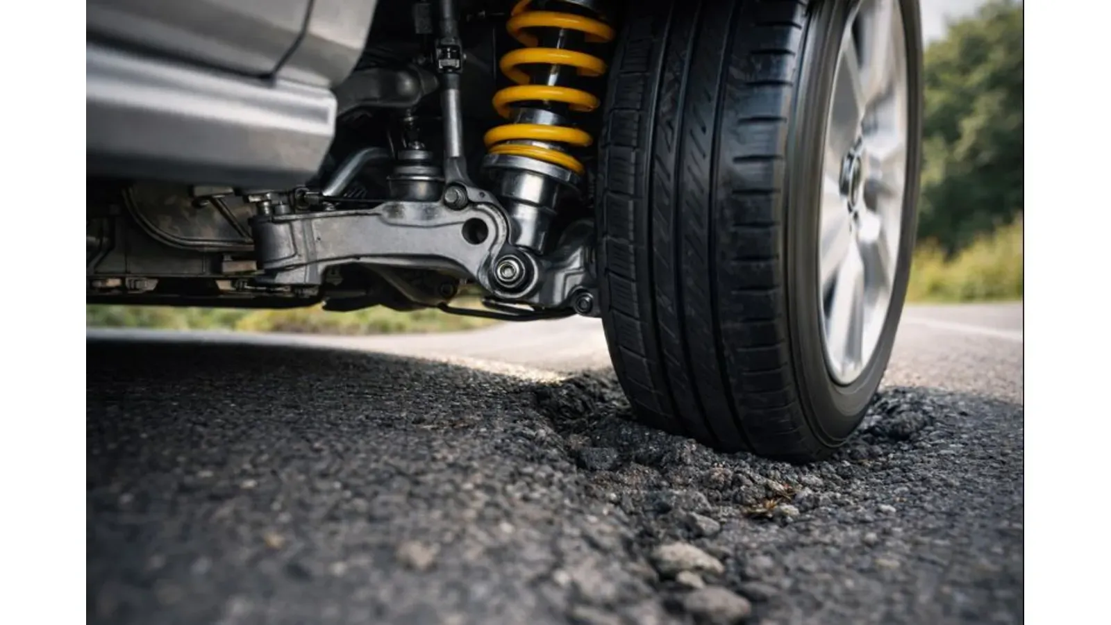 A close-up of a car’s suspension and wheel reacting to an uneven road, showing how worn suspension parts can cause clunking or knocking noises.