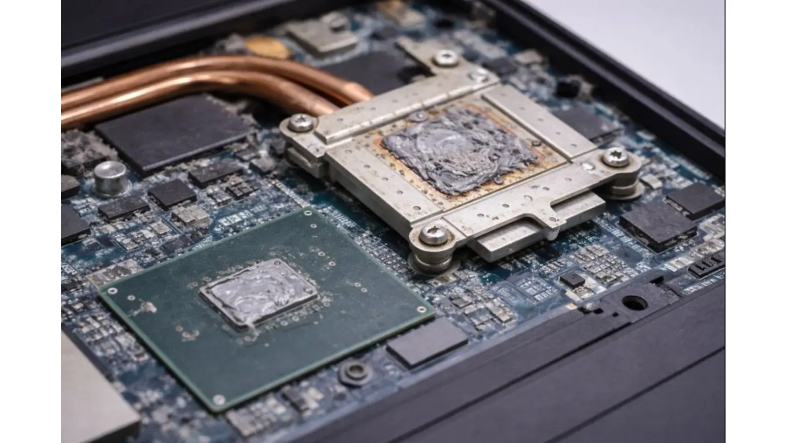 A laptop processor with dried thermal paste between the CPU and heat sink, illustrating poor heat transfer that leads to overheating.