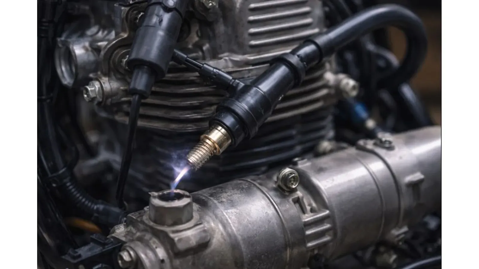 A motorcycle spark plug and ignition coil producing a weak or inconsistent spark, illustrating an ignition failure that can prevent the engine from starting.