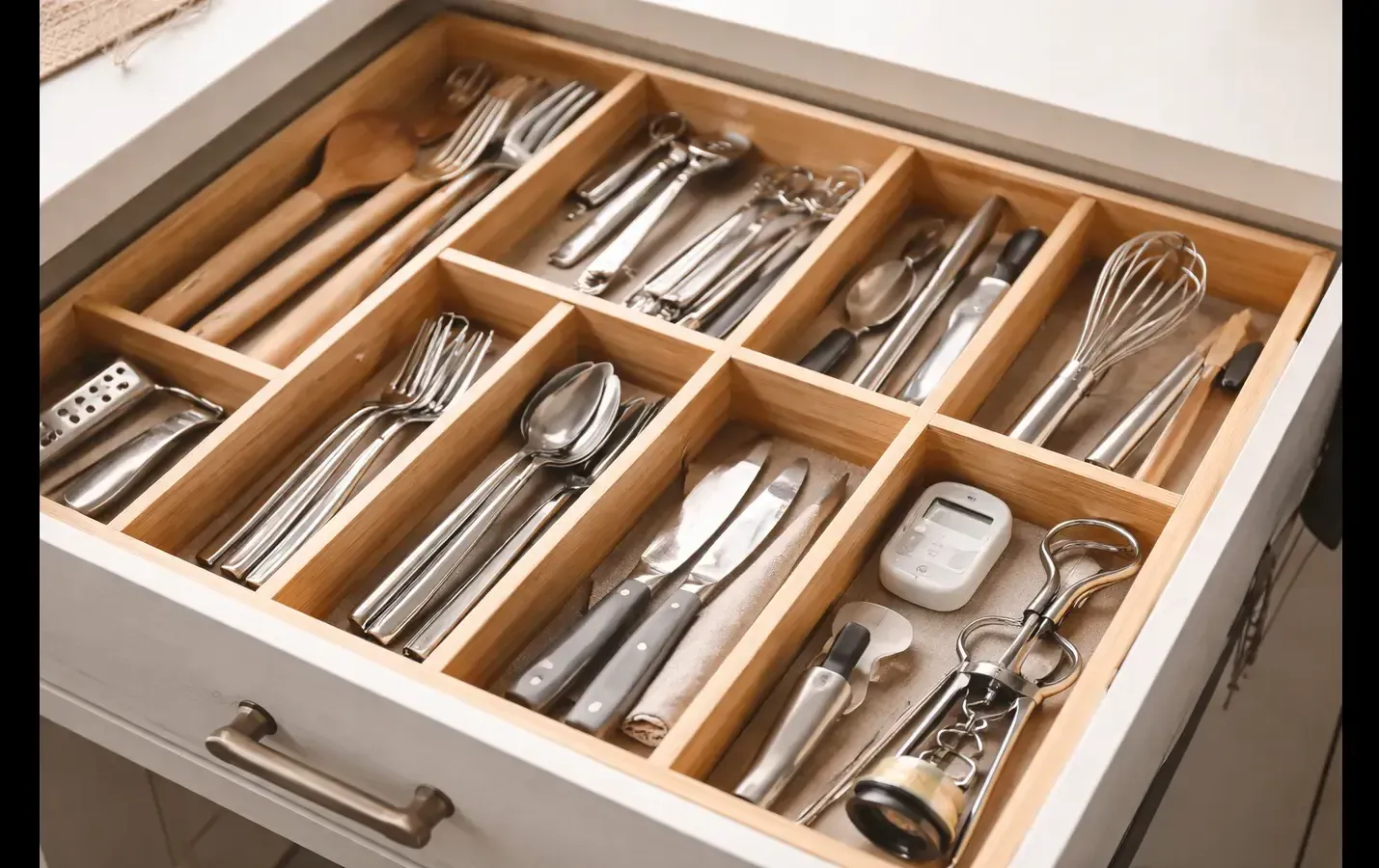 Kitchen drawer organized with expandable dividers for everyday utensils