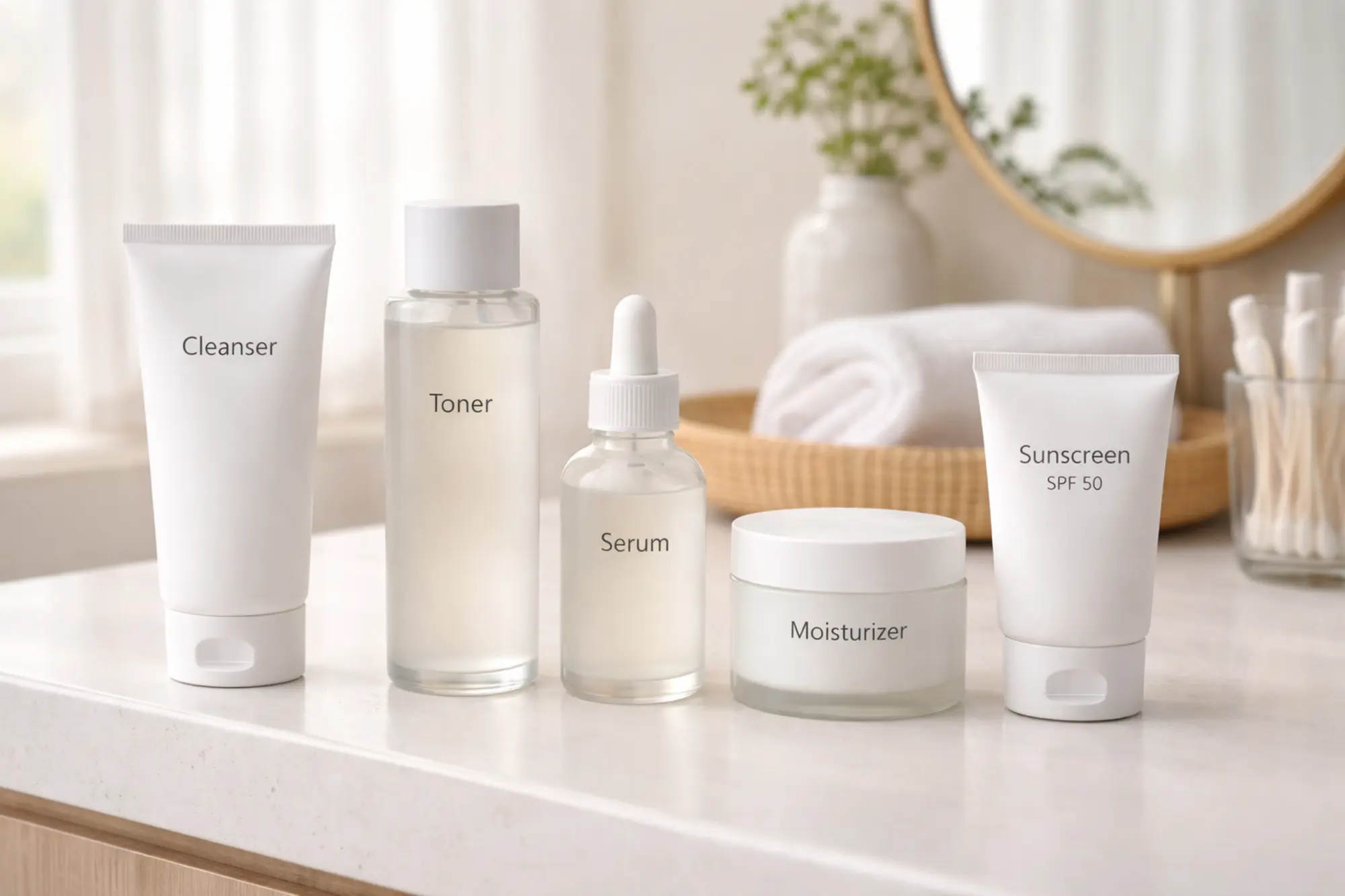 A side view of basic Korean skincare products arranged on a bathroom counter, showing how a simple routine is structured for beginners.