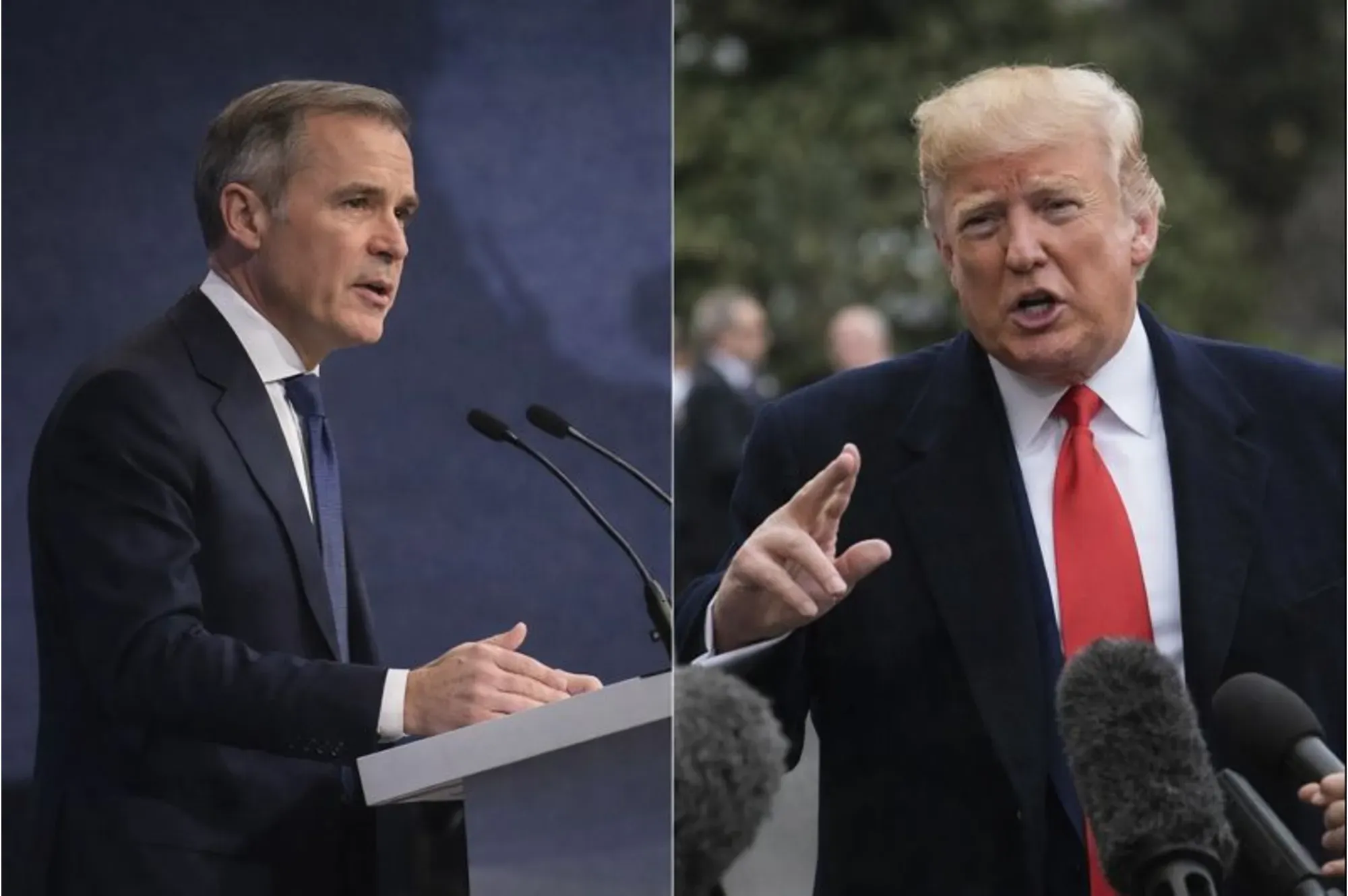 Mark Carney and Donald Trump shown separately during public appearances.