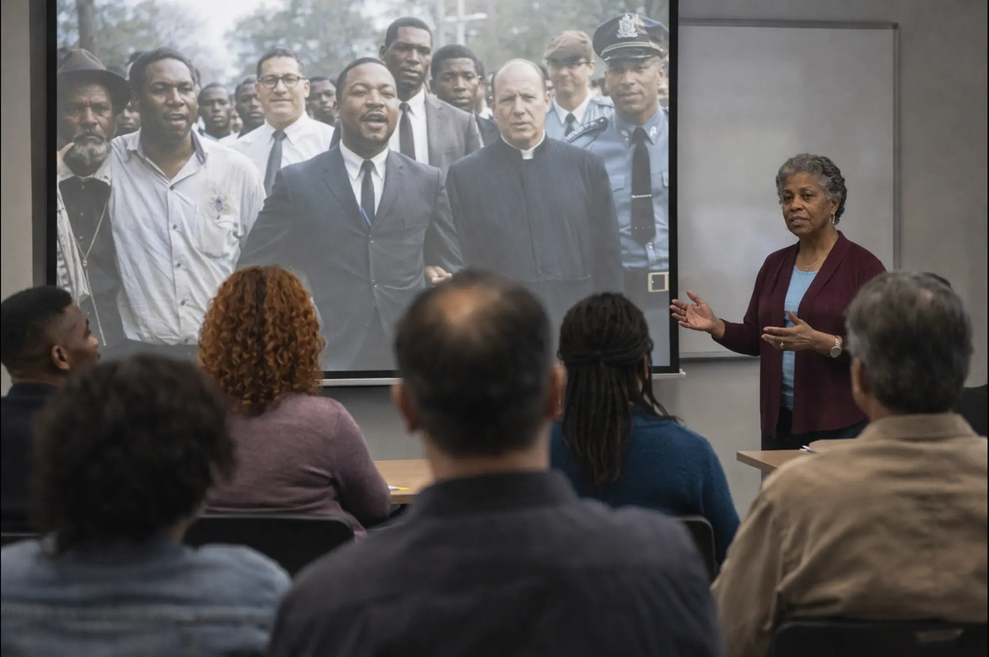 An educational visual linking historical civil rights movements with modern discussions about equality and social responsibility.
