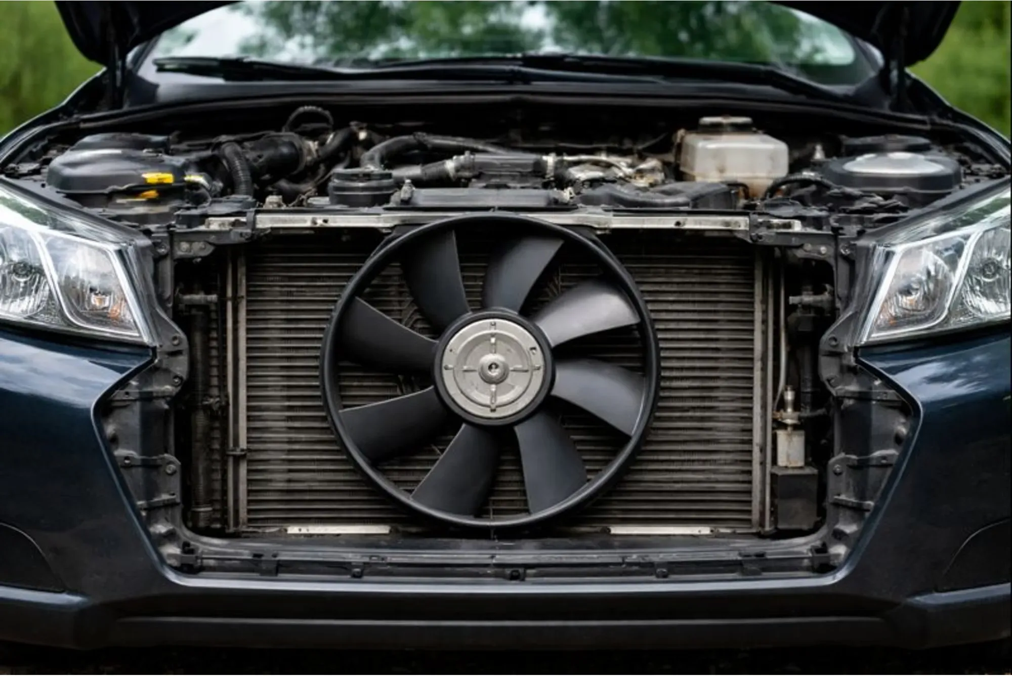 A car radiator with a non-working cooling fan, showing why engines often overheat in traffic.
