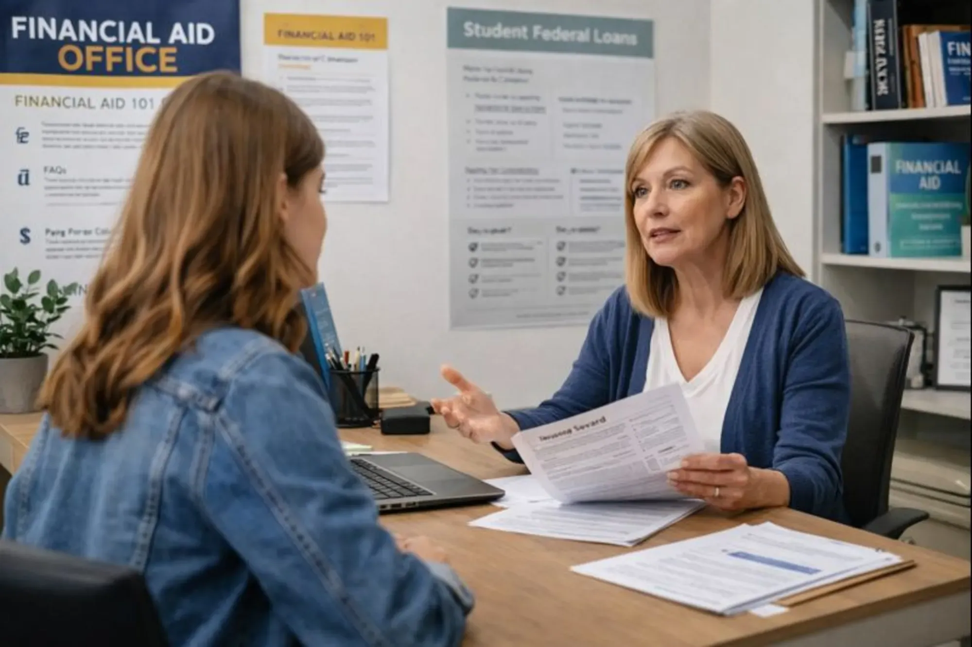 Student discussing federal student loan options with a college financial aid advisor.