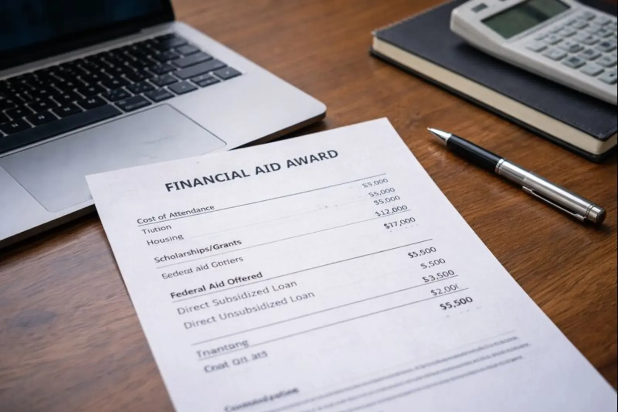 A financial aid letter showing grants and student loan amounts placed beside a laptop and calculator.