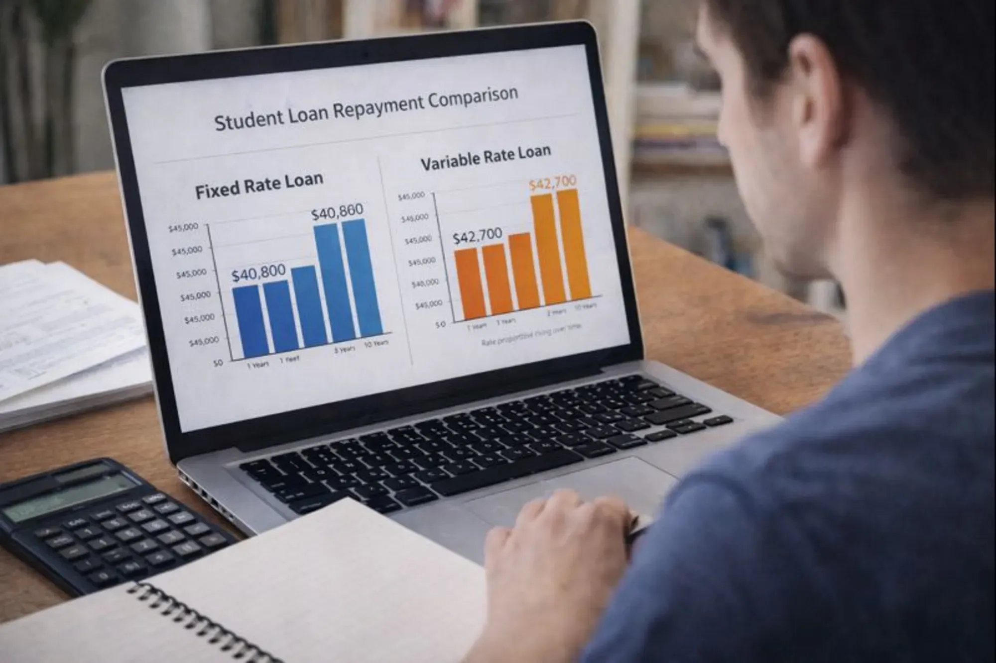 Student reviewing fixed versus variable student loan interest growth on a laptop.