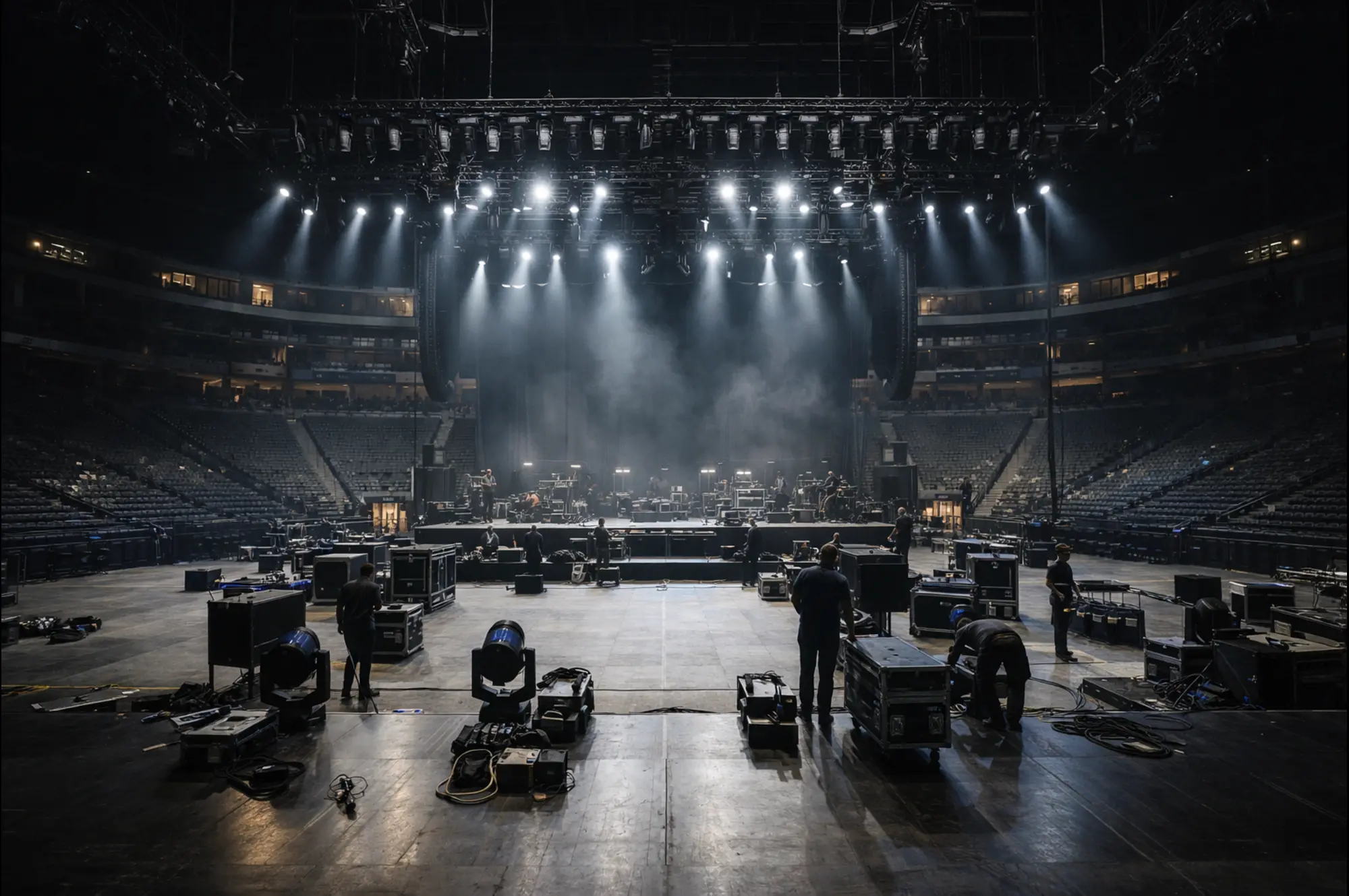 An empty concert arena with stage lighting, sound equipment, and crew preparing for a major live performance.