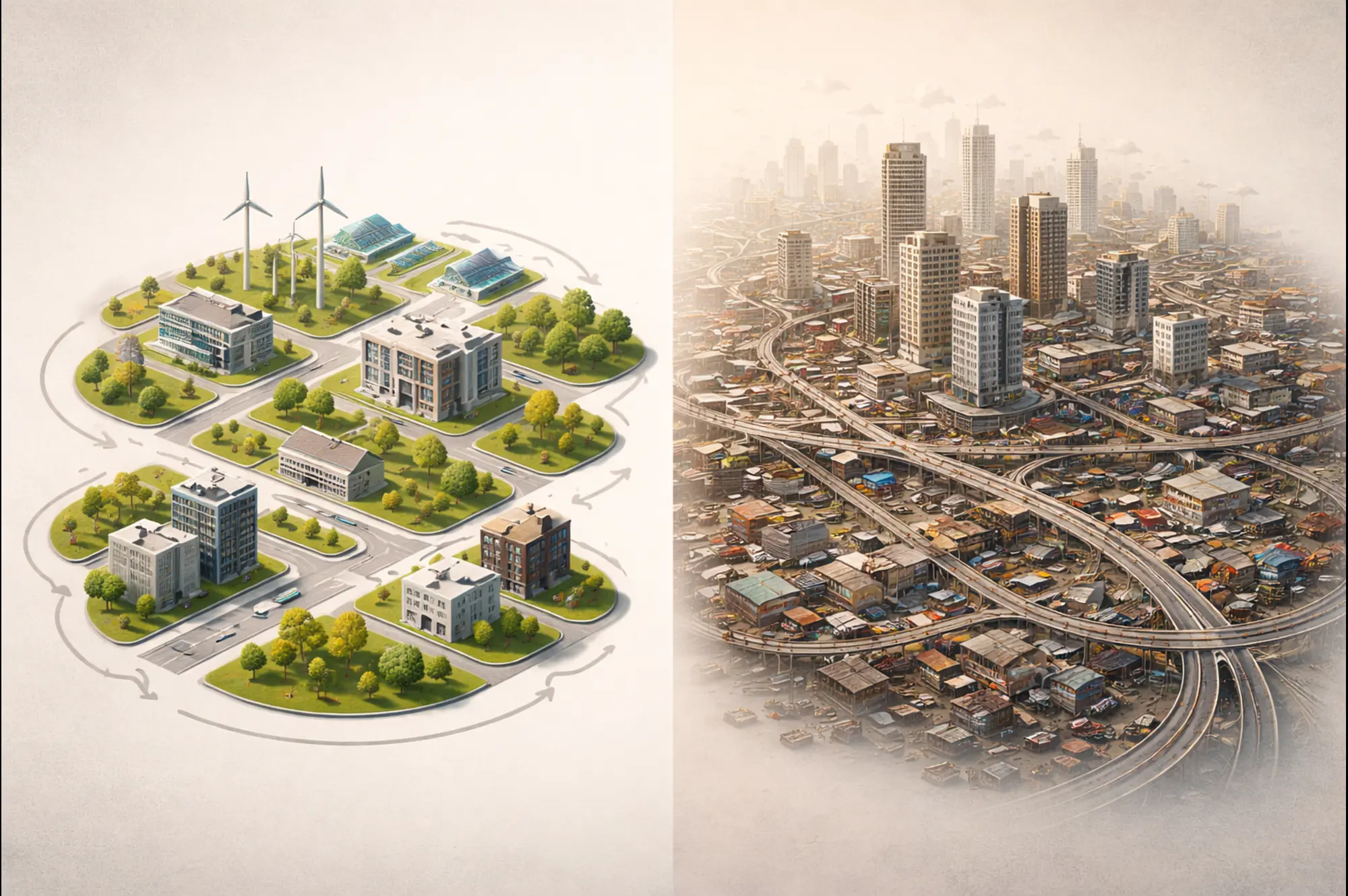 An abstract visual comparing small-scale structured systems with large-scale complex systems, representing New Zealand and India.