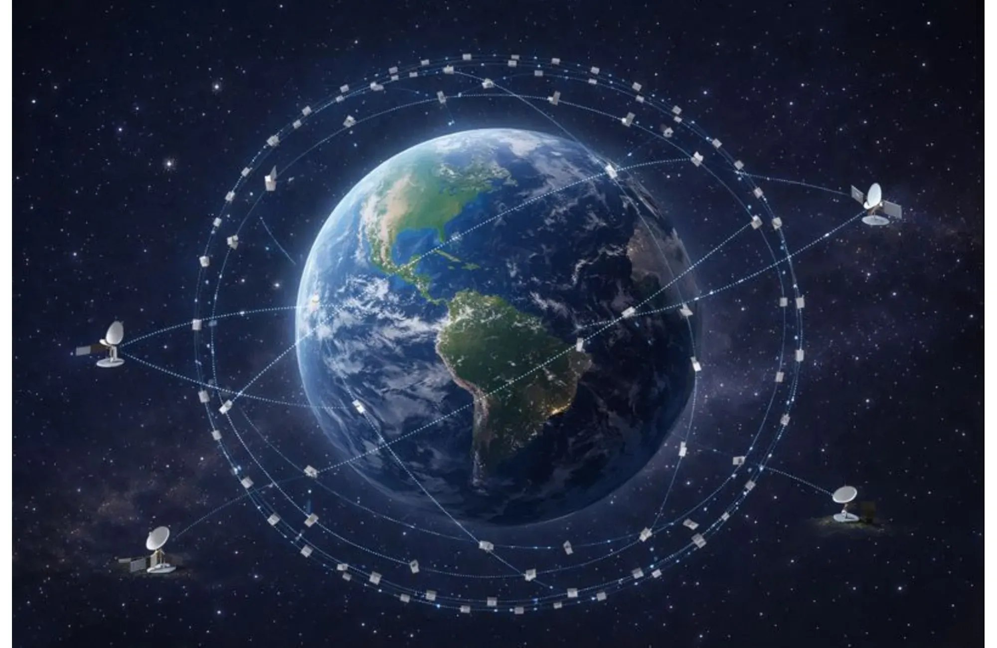 Low Earth orbit Starlink satellites connecting users to ground stations around Earth.