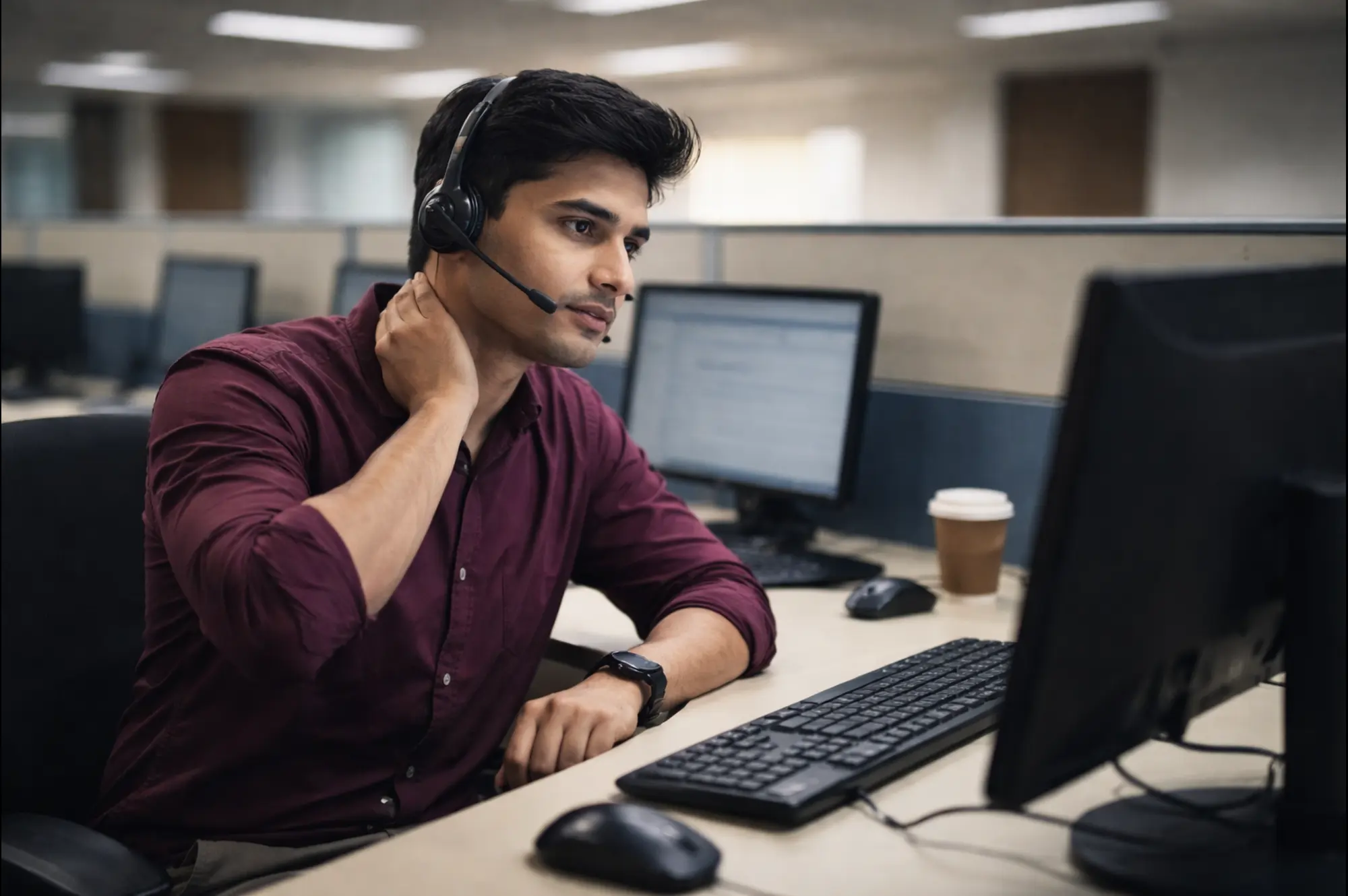 A BPO employee seated at a computer workstation after extended screen time, reflecting the mental focus required in call center roles.