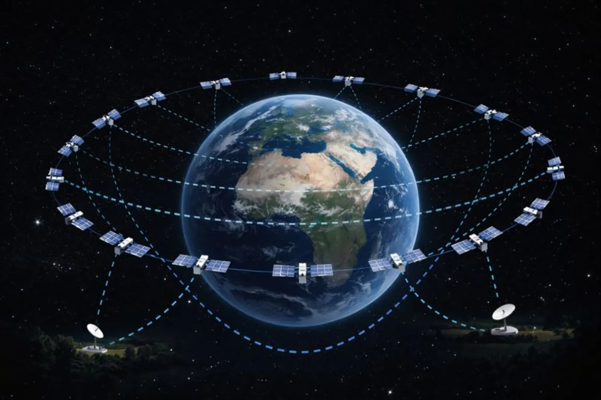 Low Earth orbit Starlink satellites connecting user dishes to ground stations.