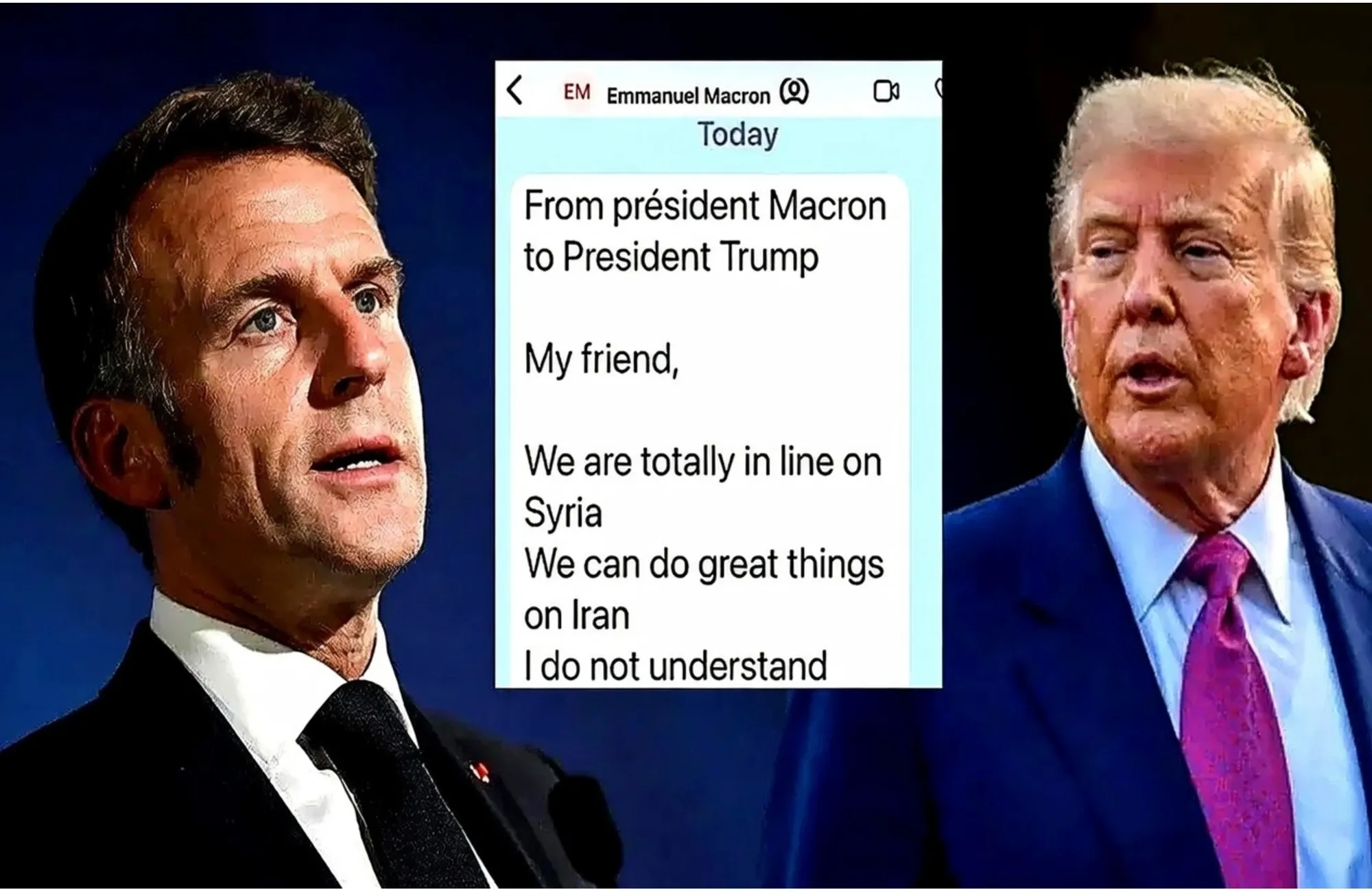 French President Emmanuel Macron and US President Donald Trump with a screenshot of a message shared on social media.