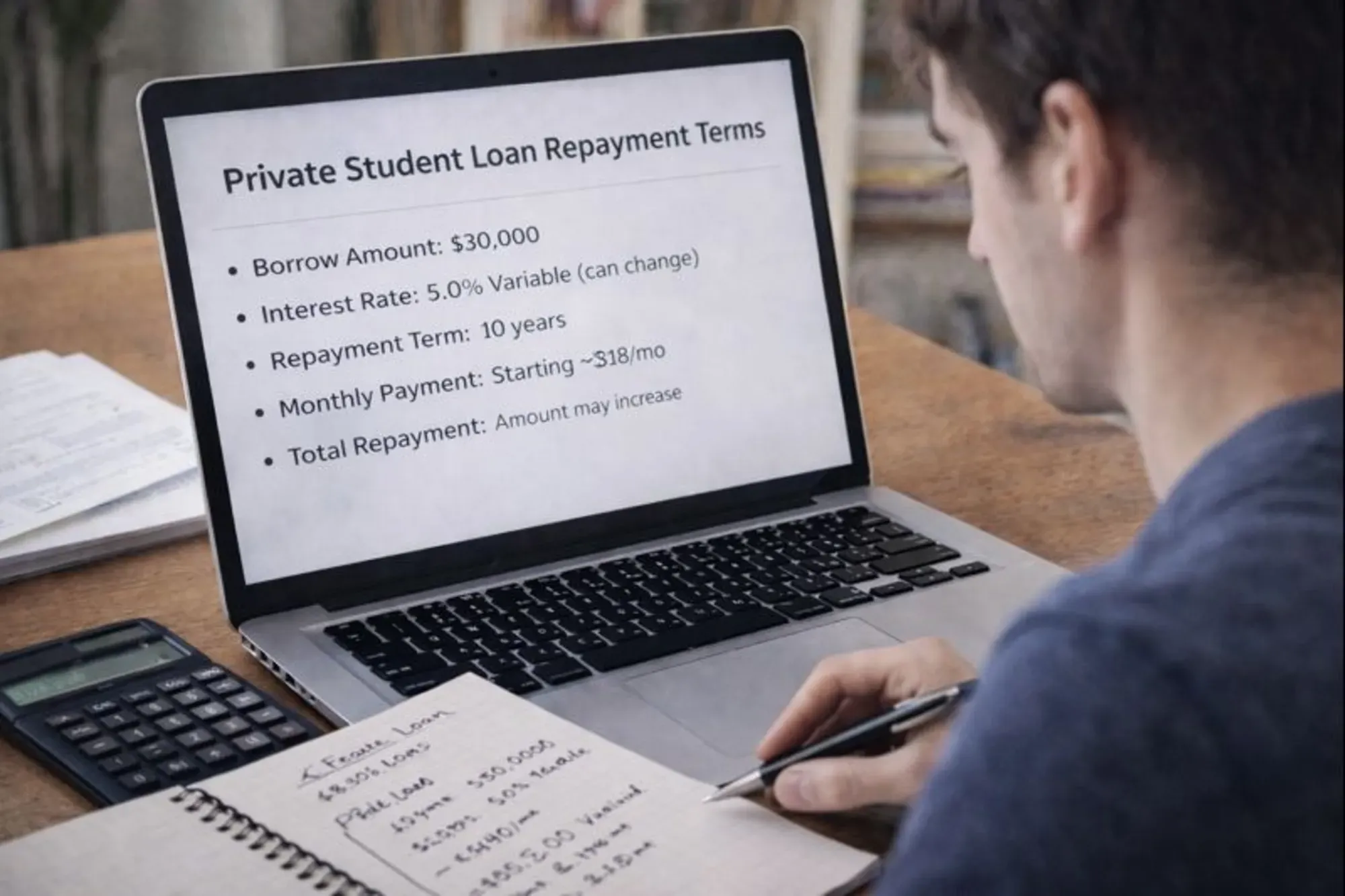 Student reviewing private student loan repayment terms and interest details.