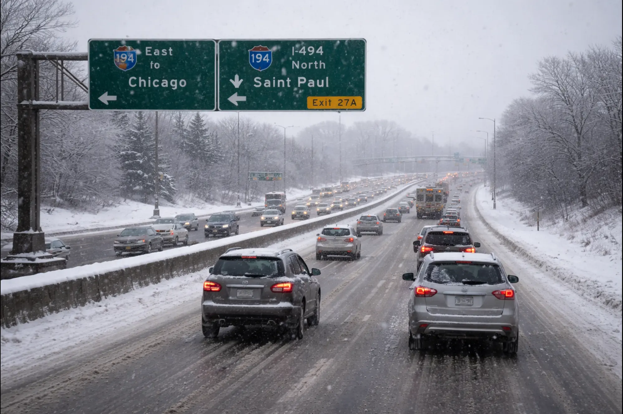 A winter storm approaching a city, with light snowfall beginning and vehicles moving carefully on roads.