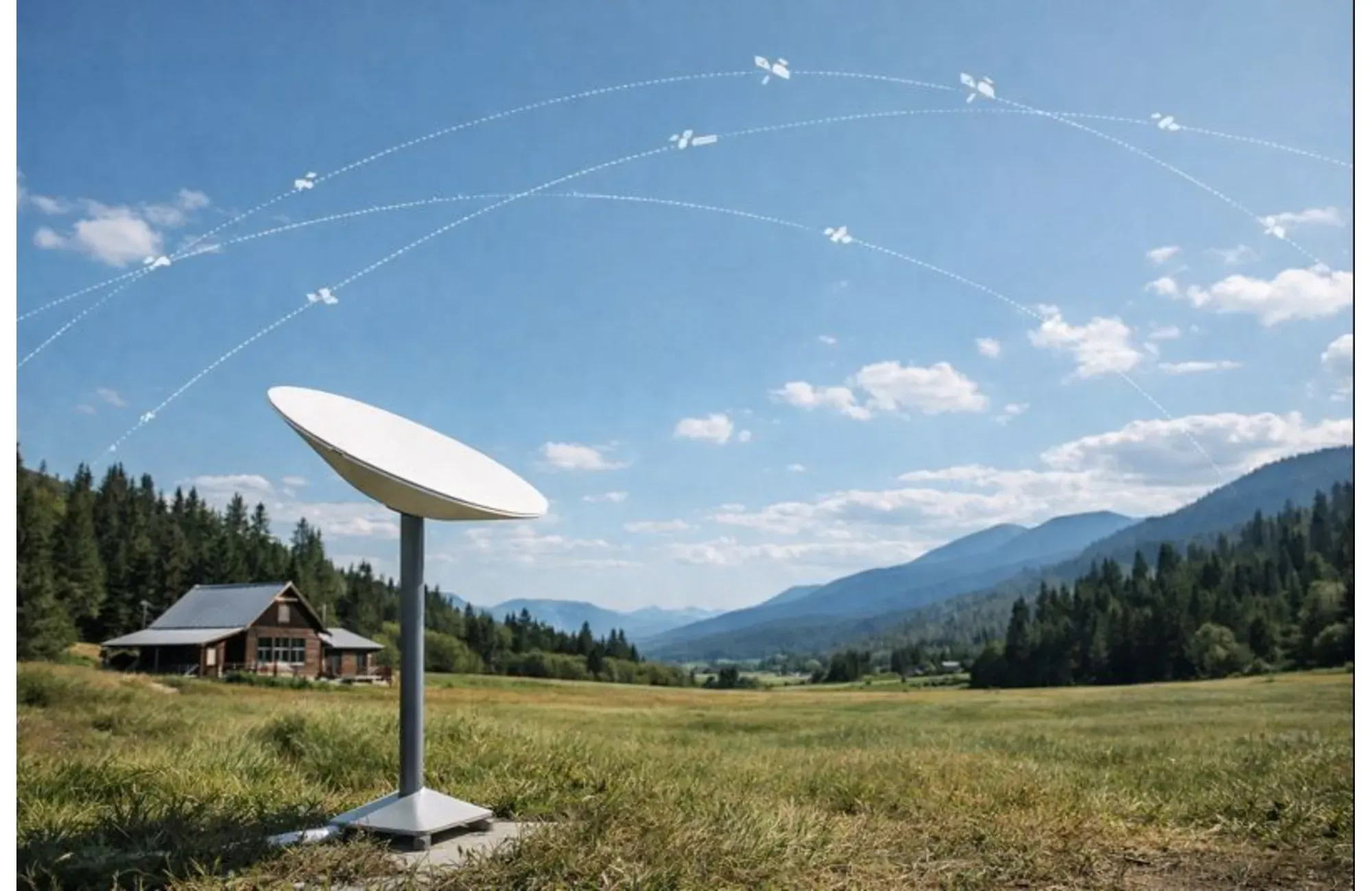 Starlink satellite dish providing internet access at a remote home.