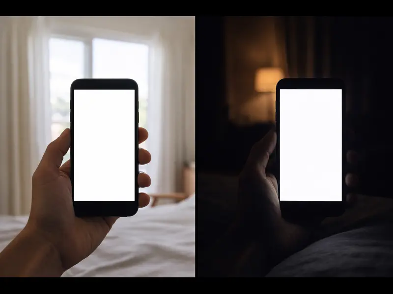 A comparison of a phone used in bright daylight versus dim nighttime lighting, demonstrating how context and timing change how the body interprets light signals.