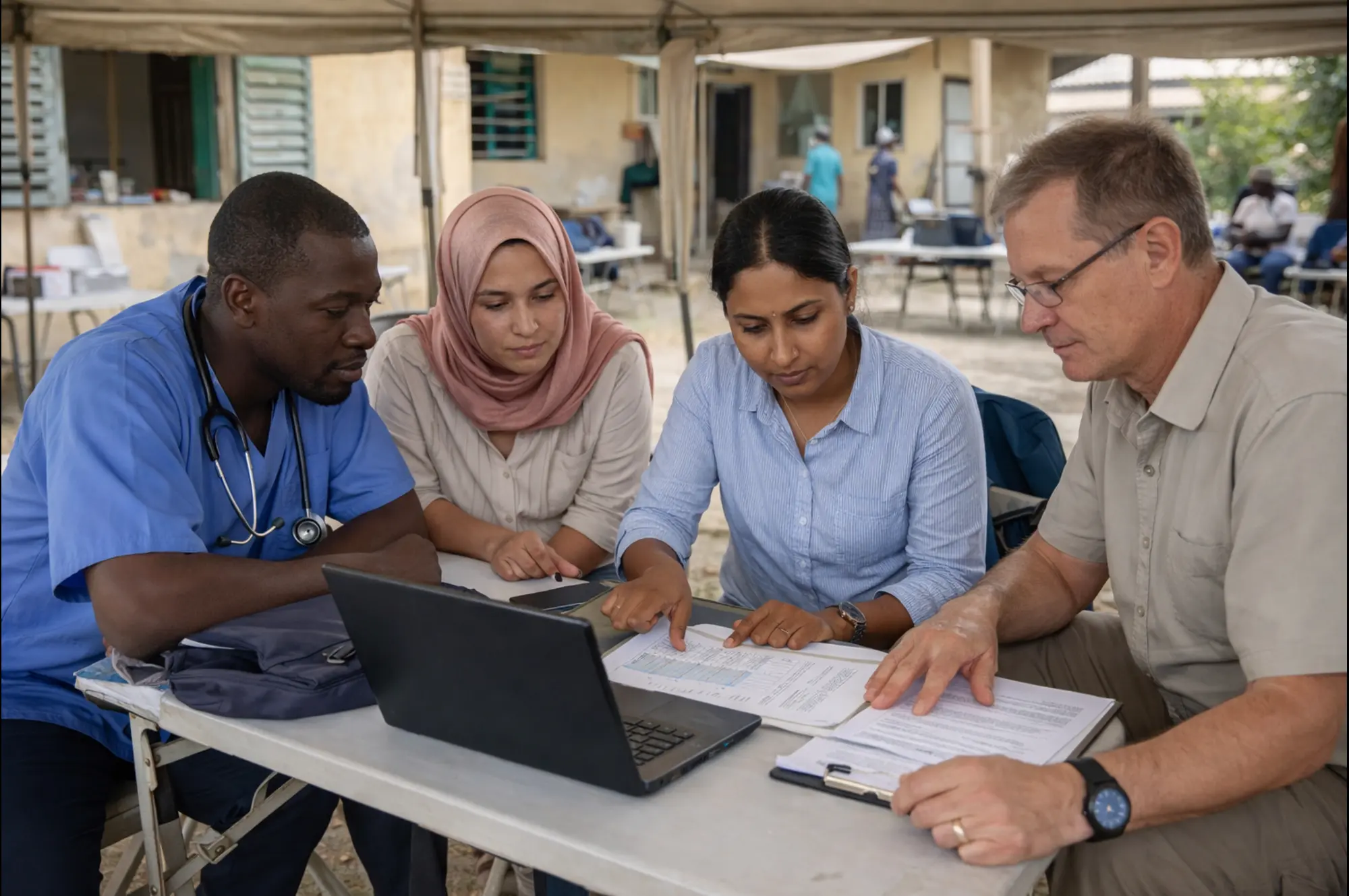 Public health workers supported by the World Health Organization coordinating medical planning and health response activities in a real-world setting.