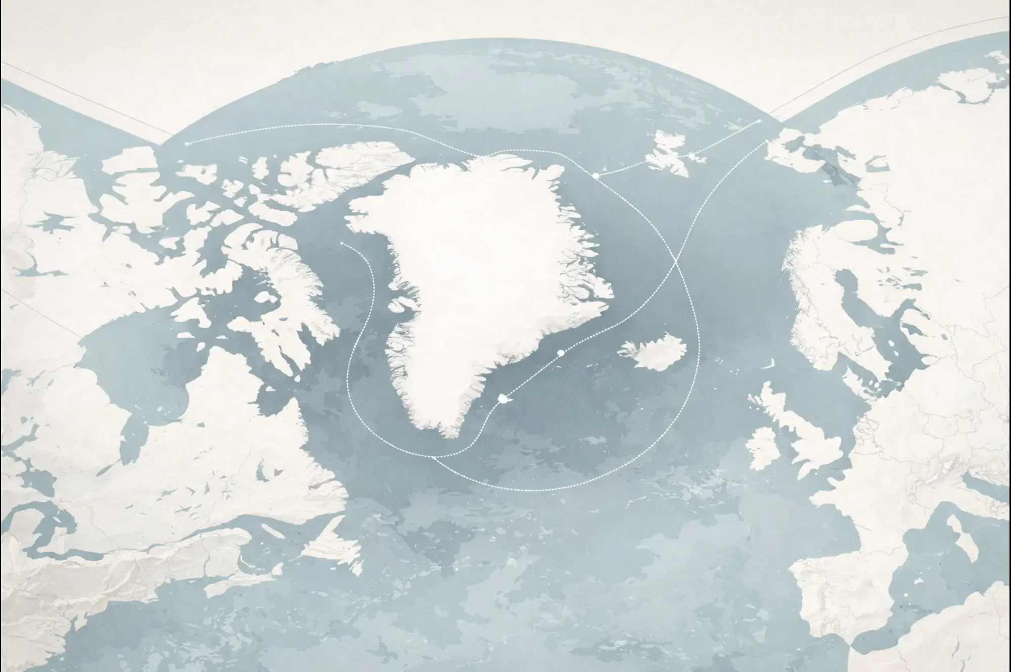 Greenland’s location in the Arctic, highlighting its strategic position between North America and Europe and its relevance to security and trade routes.