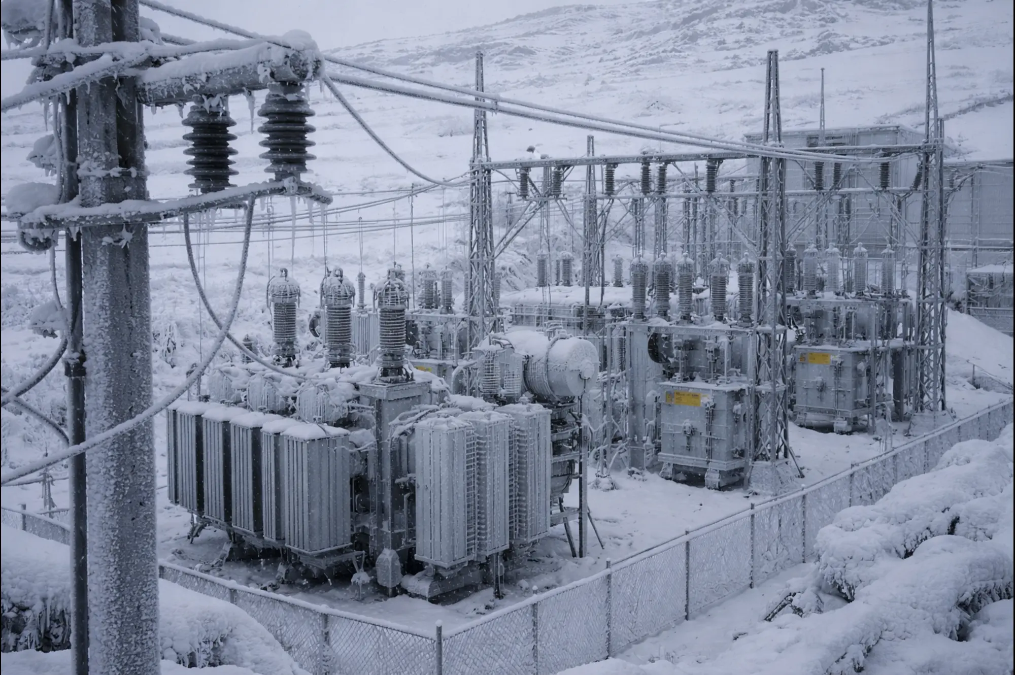Electrical substation infrastructure in Greenland operating in cold Arctic conditions, highlighting challenges for the power grid.