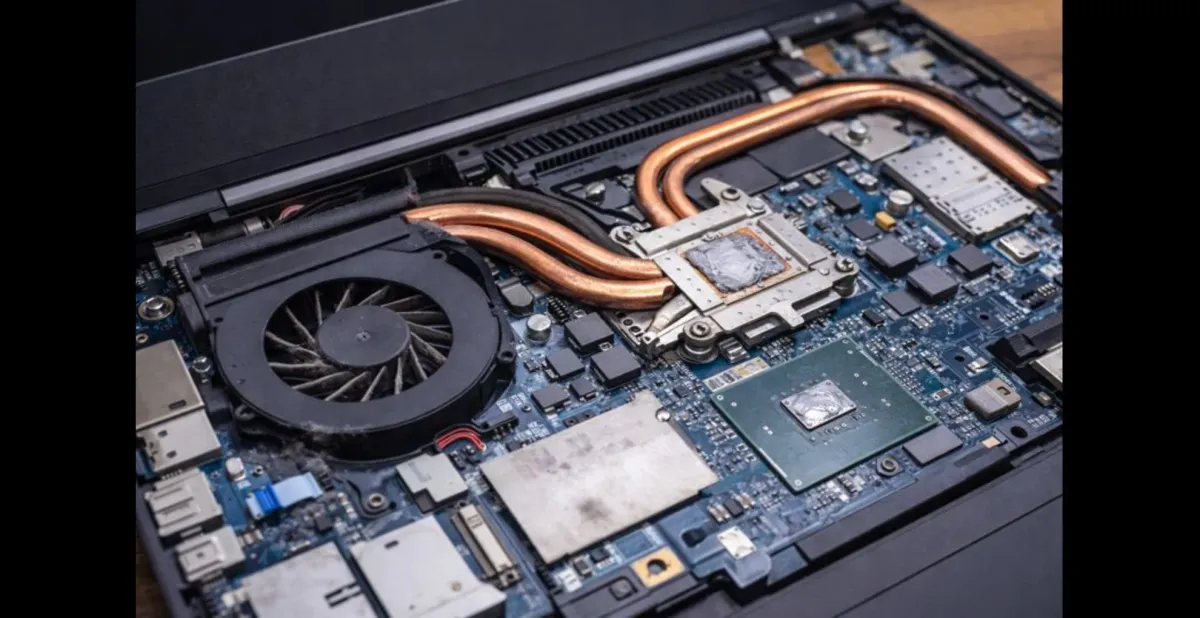 An open laptop showing internal cooling components such as the fan, heat pipes, and processor, illustrating how overheating occurs when heat is not removed efficiently.