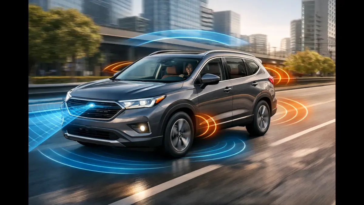 A modern SUV driving in an urban environment, representing how comfort, safety, and efficiency are designed to work together in today’s vehicles.