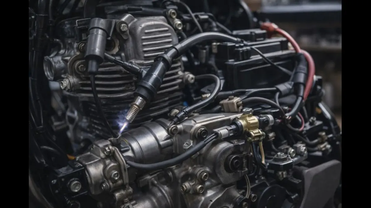 A motorcycle engine being cranked with ignition and fuel components visible, showing a condition where the engine turns but does not start due to a combustion-related fault.