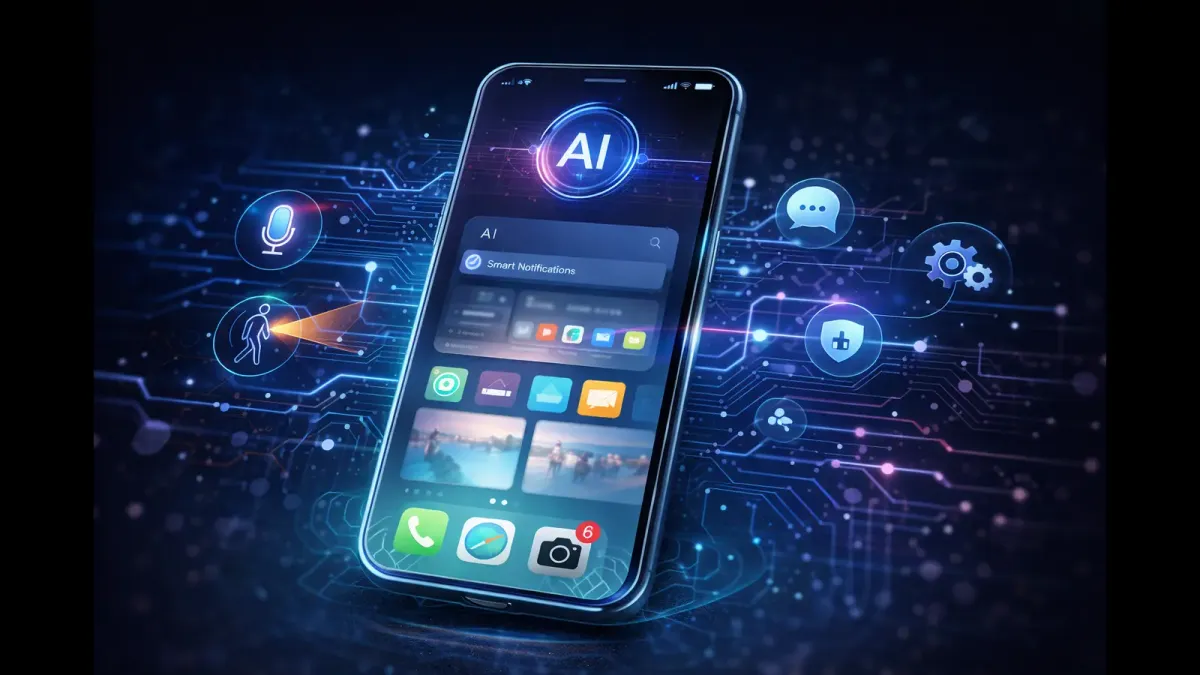 A smartphone visual showing how future phones evolve through software intelligence and system-level features rather than physical design changes.