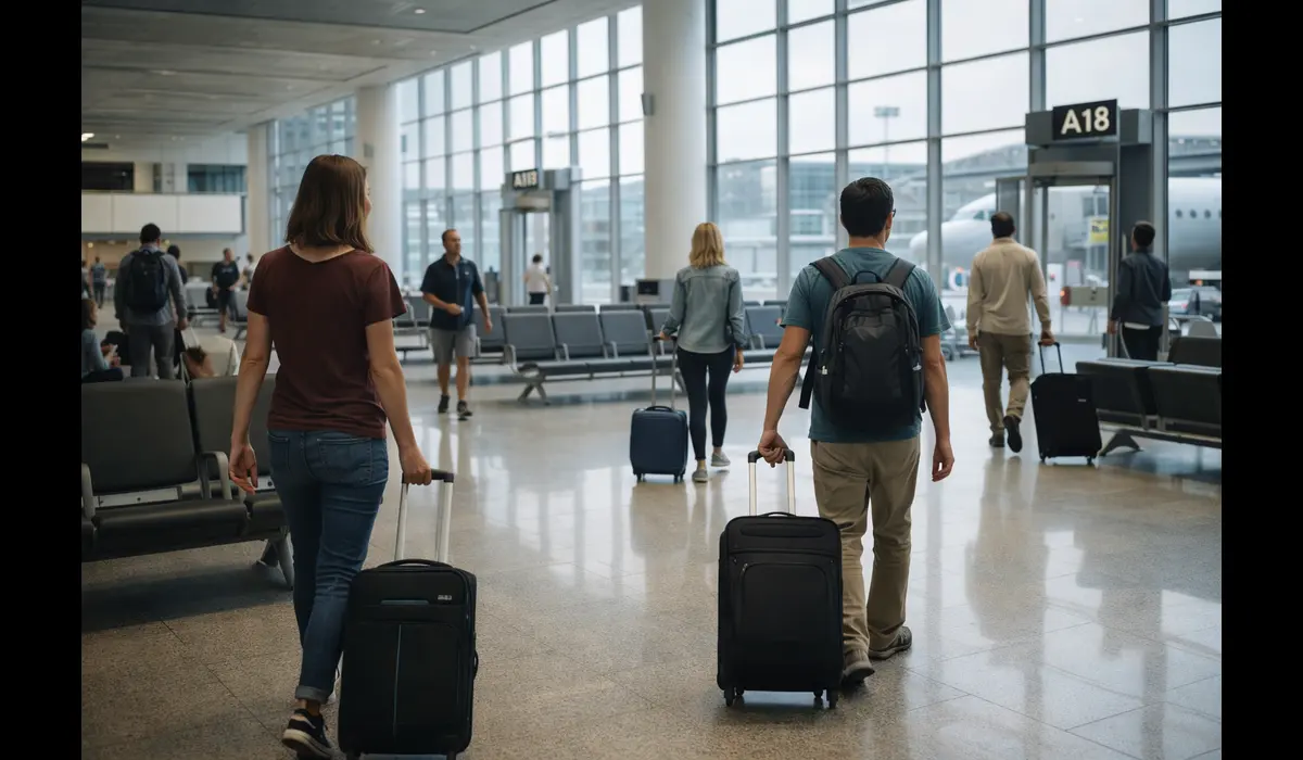 Travelers moving through an airport terminal with carry-on luggage, representing everyday budget air travel and simple flight experiences.