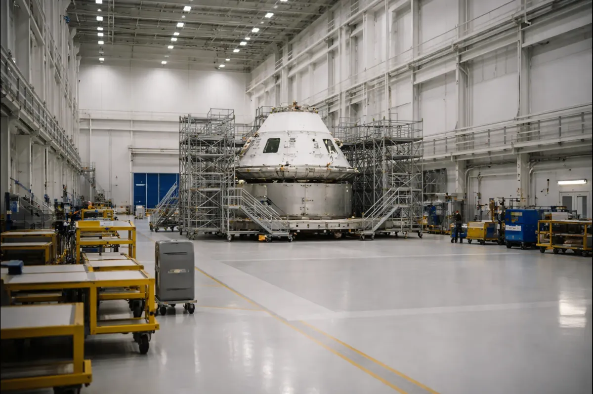 A quiet spacecraft testing facility representing preparations and risk evaluation for the Artemis 2 crewed mission.