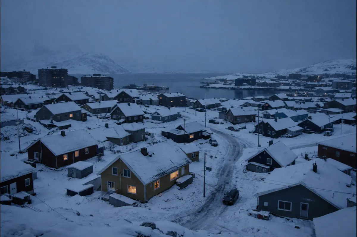 Winter view of Nuuk, Greenland during a power outage, showing residential buildings affected by an electricity blackout in the Arctic capital.
