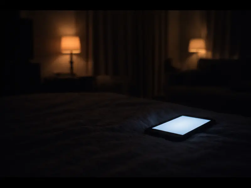 A softly lit room at night with a glowing screen standing out against dim surroundings, illustrating how light contrast in the evening can influence the body’s internal sleep timing system.
