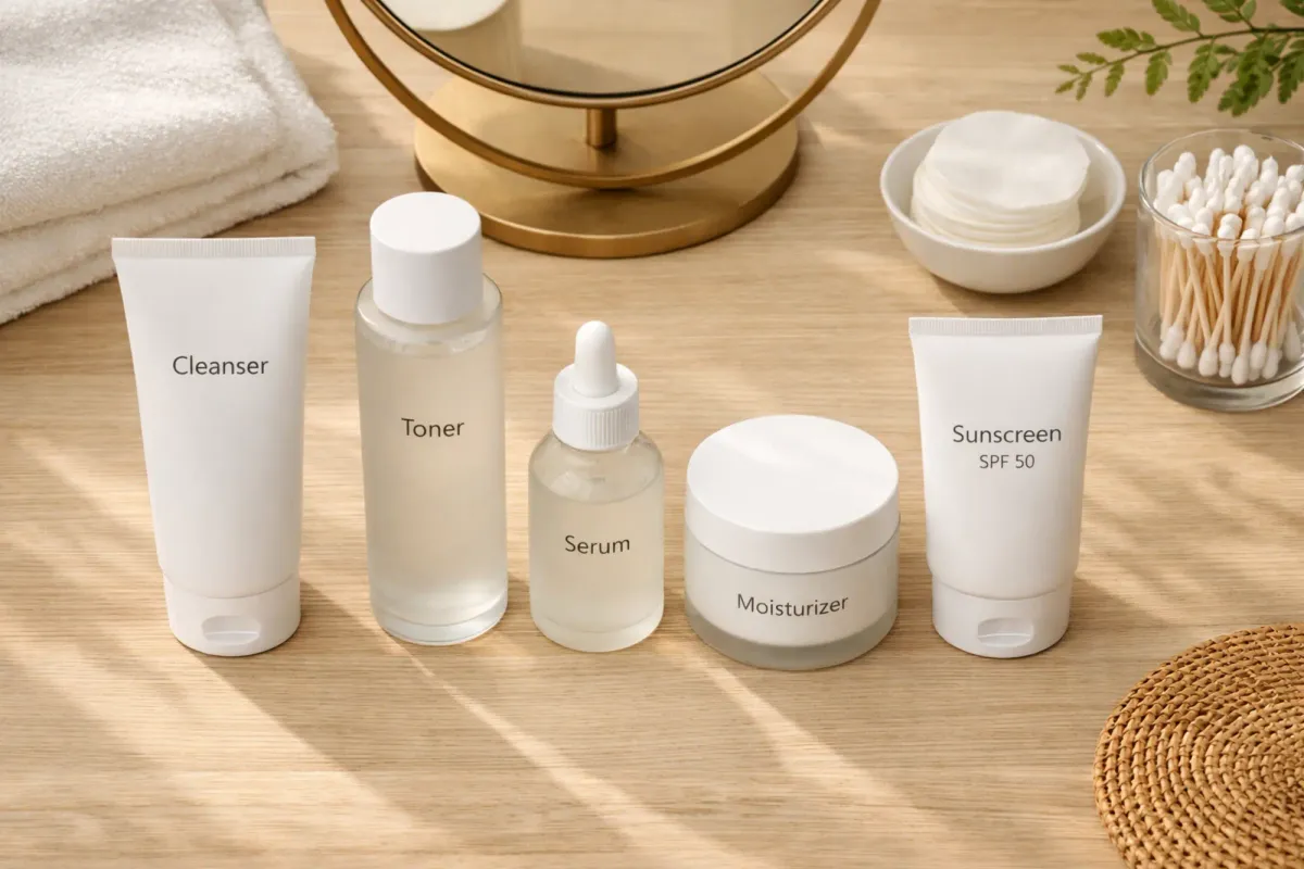 An overhead view of basic Korean skincare products such as cleanser, toner, serum, moisturizer, and sunscreen, representing a beginner-friendly Korean skincare routine.