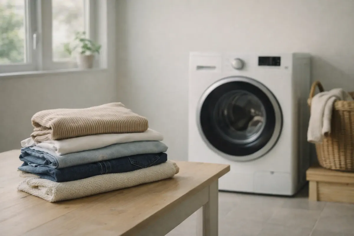 A quiet home laundry setup showing folded clothes and a washing machine, representing careful and practical clothing care decisions.
