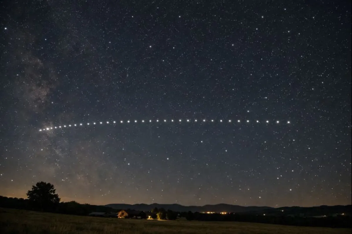 Starlink satellites appearing in a straight line as they move across the night sky.