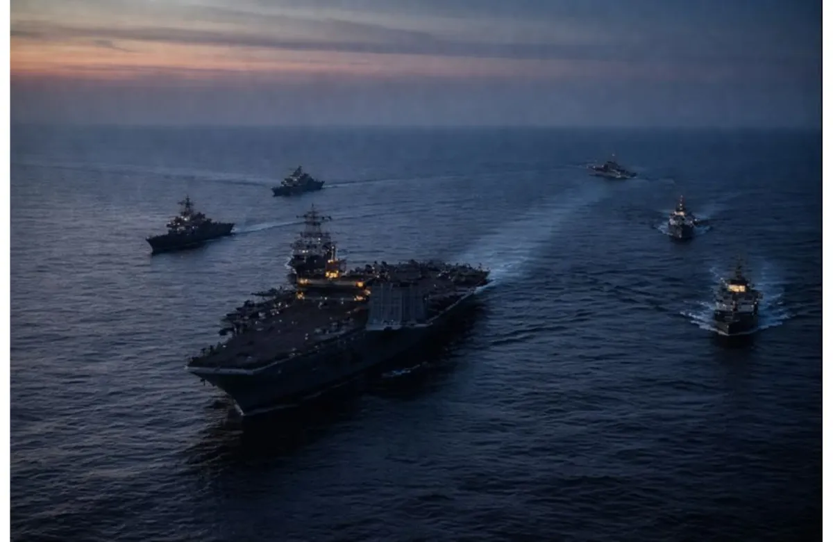 US aircraft carrier and naval ships positioned in open waters amid rising Iran tensions.