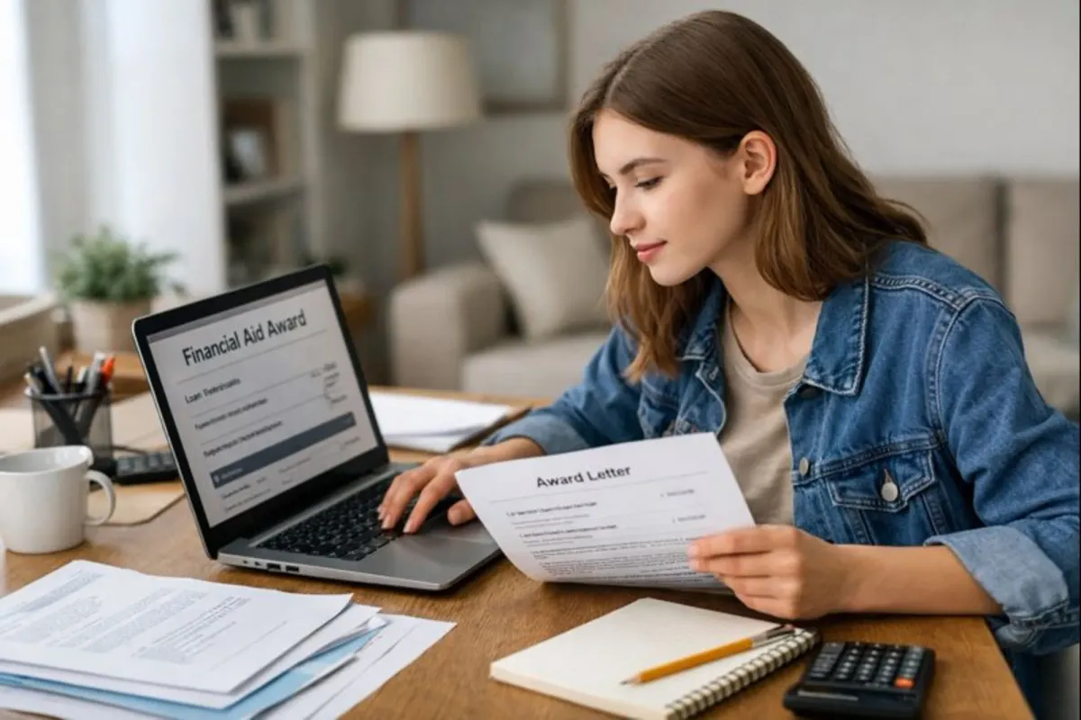 College student reviewing a federal student loan offer and financial aid details on a laptop.