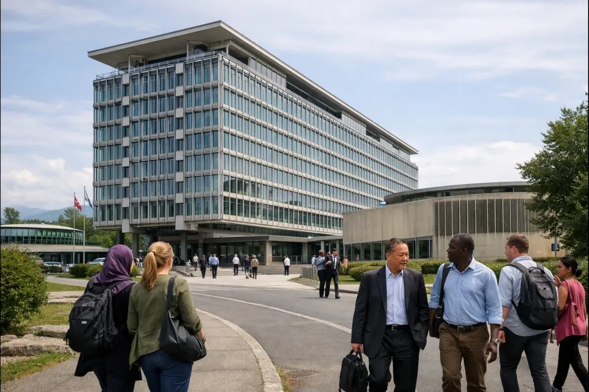 The headquarters of the World Health Organization in Geneva, showing the central institution responsible for coordinating international public health efforts.