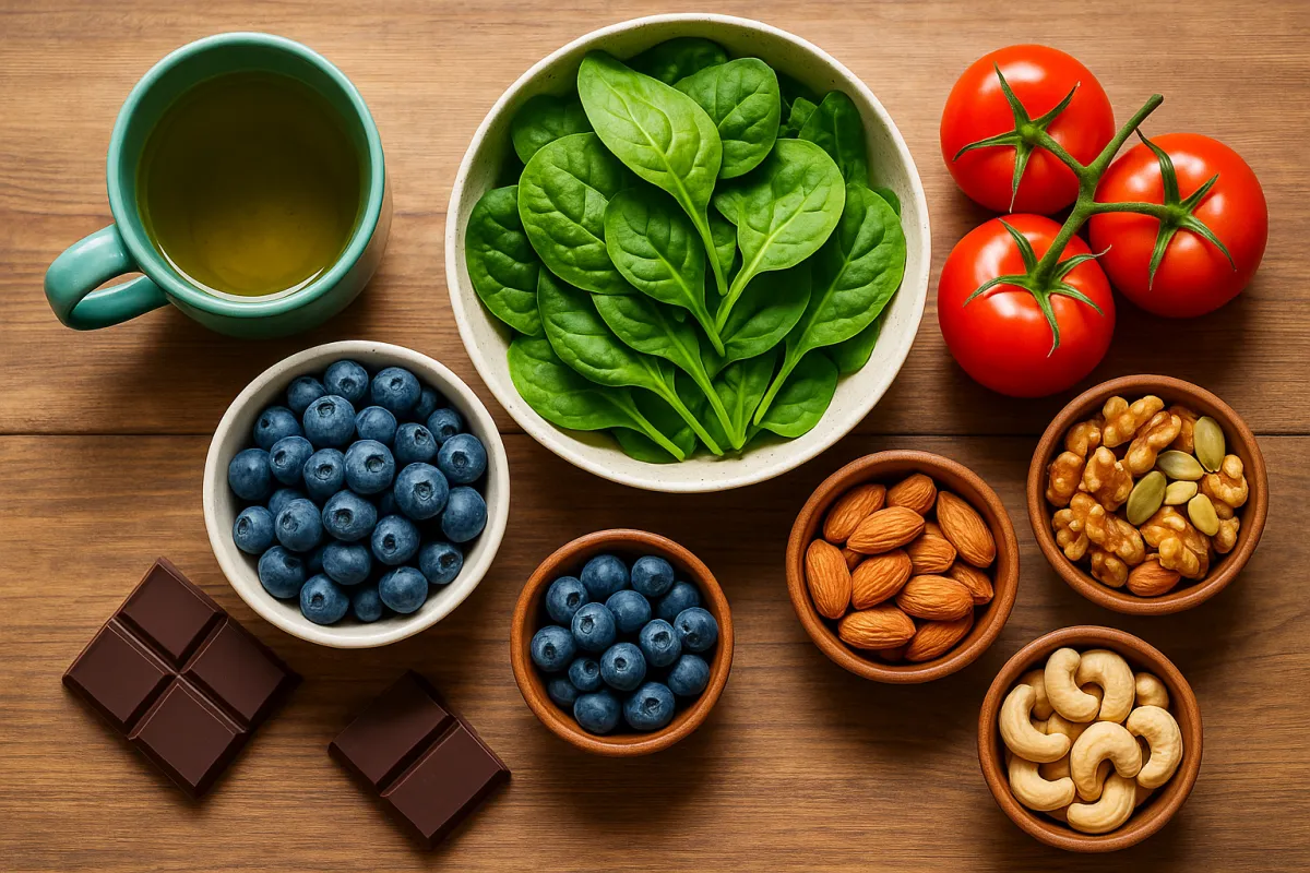 The role of antioxidants in preventing disease and aging with antioxidant-rich foods like blueberries, spinach, nuts, and gre