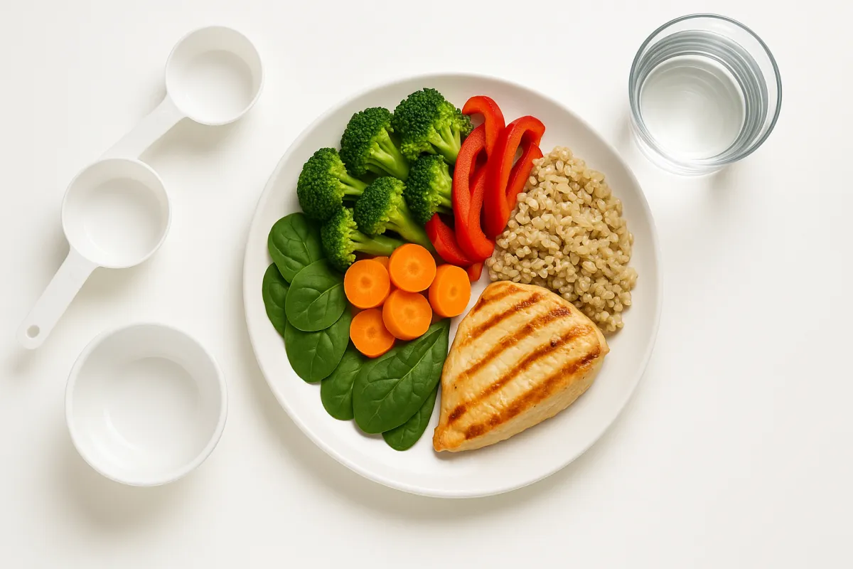 Portion control plate with vegetables, grilled chicken, brown rice, and measuring cups on white background