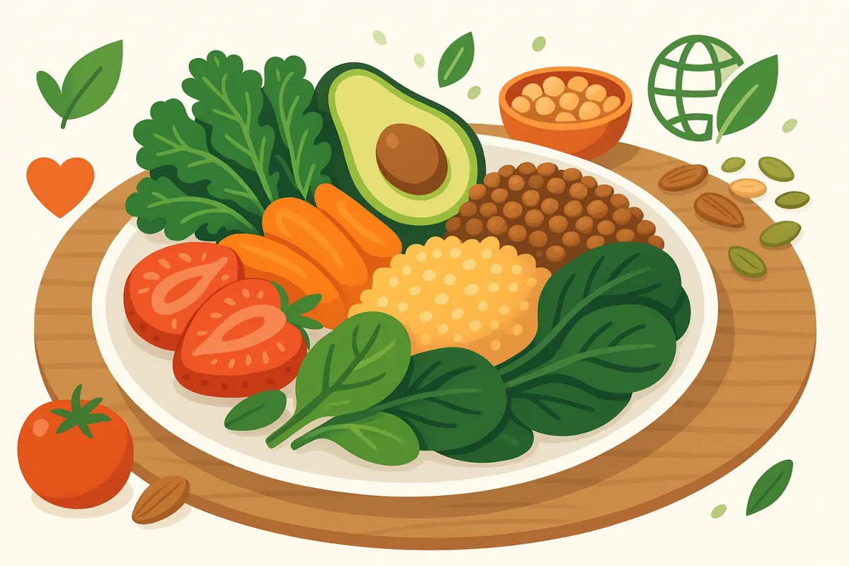 Healthy balanced plate for a plant-based diets with vegetables, fruits, grains, legumes, nuts, and seeds.