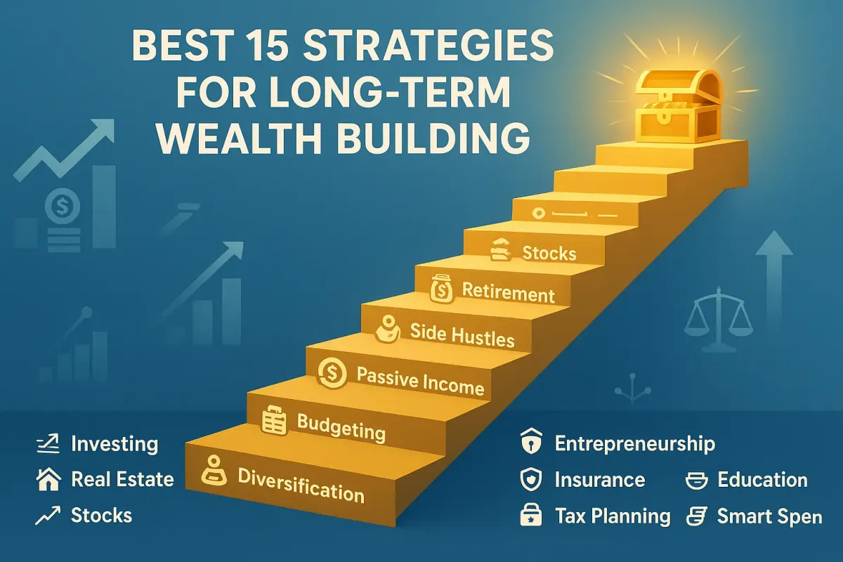 15 best strategies for long-term wealth building shown as golden staircase with steps like budgeting, diversification, passiv