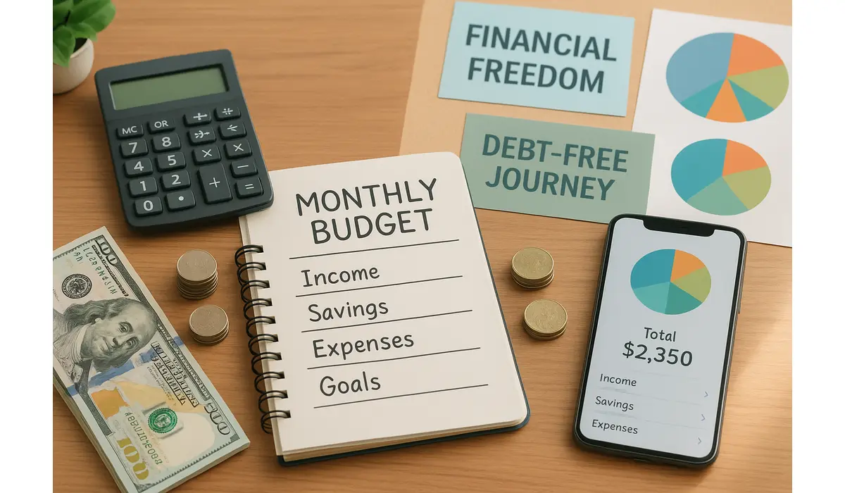 Personal budget and stick guide with monthly budget planner, calculator, cash, coins, and smartphone financial chart.