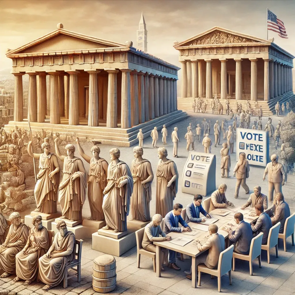 An illustration of the evolution of democracy, showcasing elements from ancient Greece like the Parthenon and modern democrat