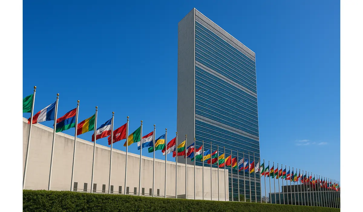 The Role of the United Nations in Global Politics headquarters in New York with member flags representing global politics