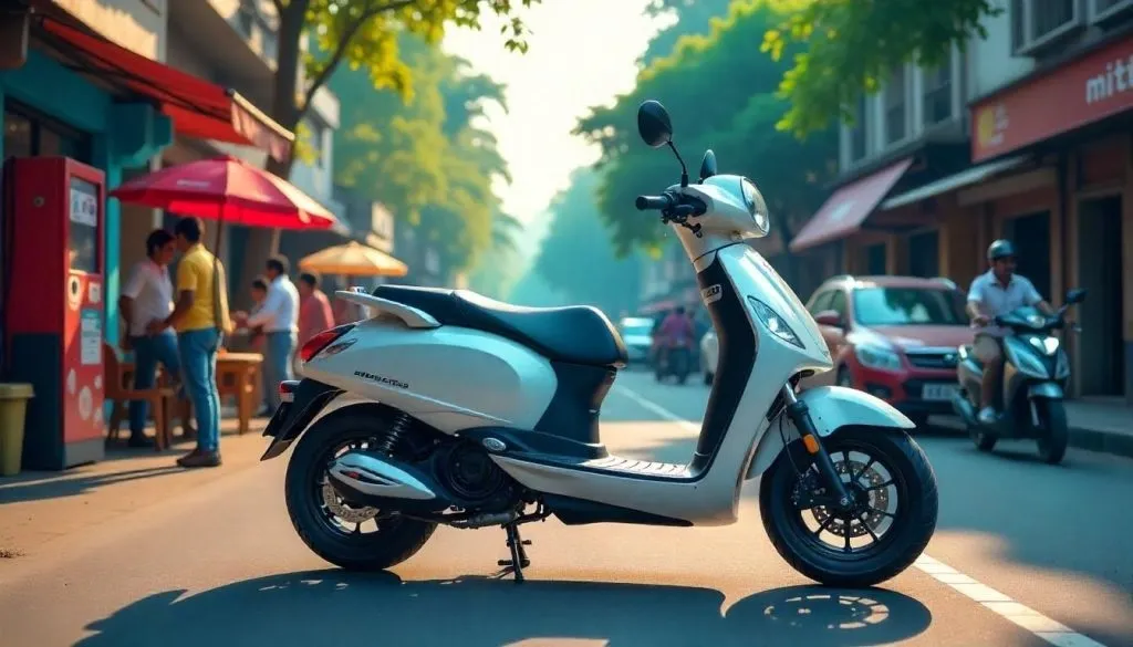 Stylish white scooter parked on a busy Indian street in daylight