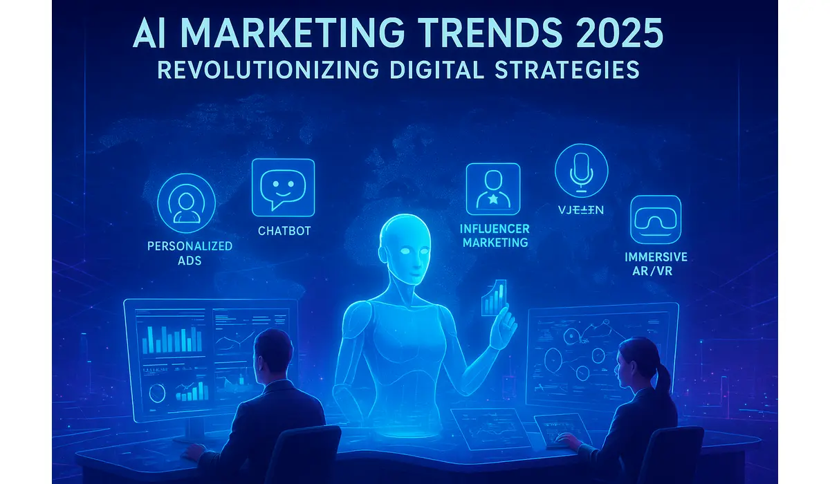 Futuristic AI marketing dashboard showcasing AI marketing trends 2025 with AR and chatbot interfaces.